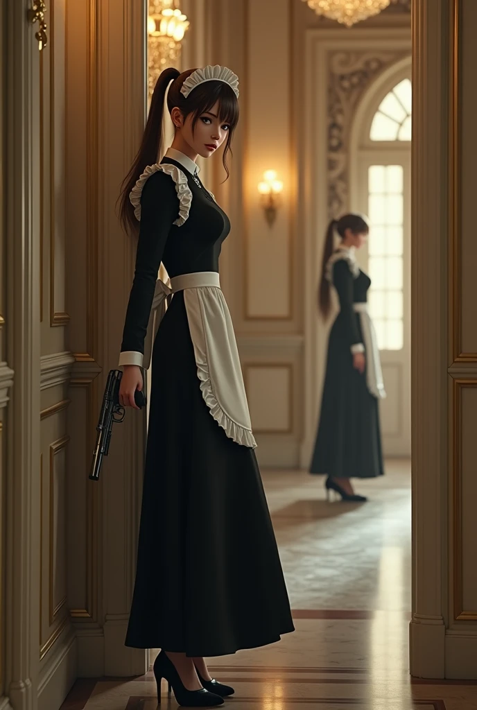 masterpiece、best quality、high resolution、Reality、high resolution、RAW photos、(A maid stands in the corridor of a luxurious mansion)、((1 Girl、Young woman hiding in the corner of the corridor、Detailed face and eyes、Pretty Face、Ponytail、Glowing skin、Realistic skin texture、Wearing a maid outfit、Holding a gun、Dynamic poses、Long sleeve、 Large Breasts、Big Ass))、((Black maid outfit、Long sleeve、Long skirt、White apron、Headdress、High heel))、
