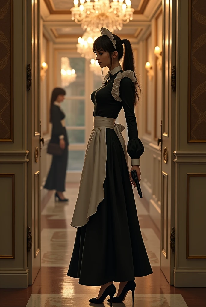 masterpiece、best quality、high resolution、Reality、high resolution、RAW photos、(A maid stands in the corridor of a luxurious mansion)、((1 Girl、Young woman hiding in the corner of the corridor、Detailed face and eyes、Pretty Face、Ponytail、Glowing skin、Realistic skin texture、Wearing a maid outfit、Holding a gun、Dynamic poses、Long sleeve、 Large Breasts、Big Ass))、((Black maid outfit、Long sleeve、Long skirt、White apron、Headdress、High heel))、
