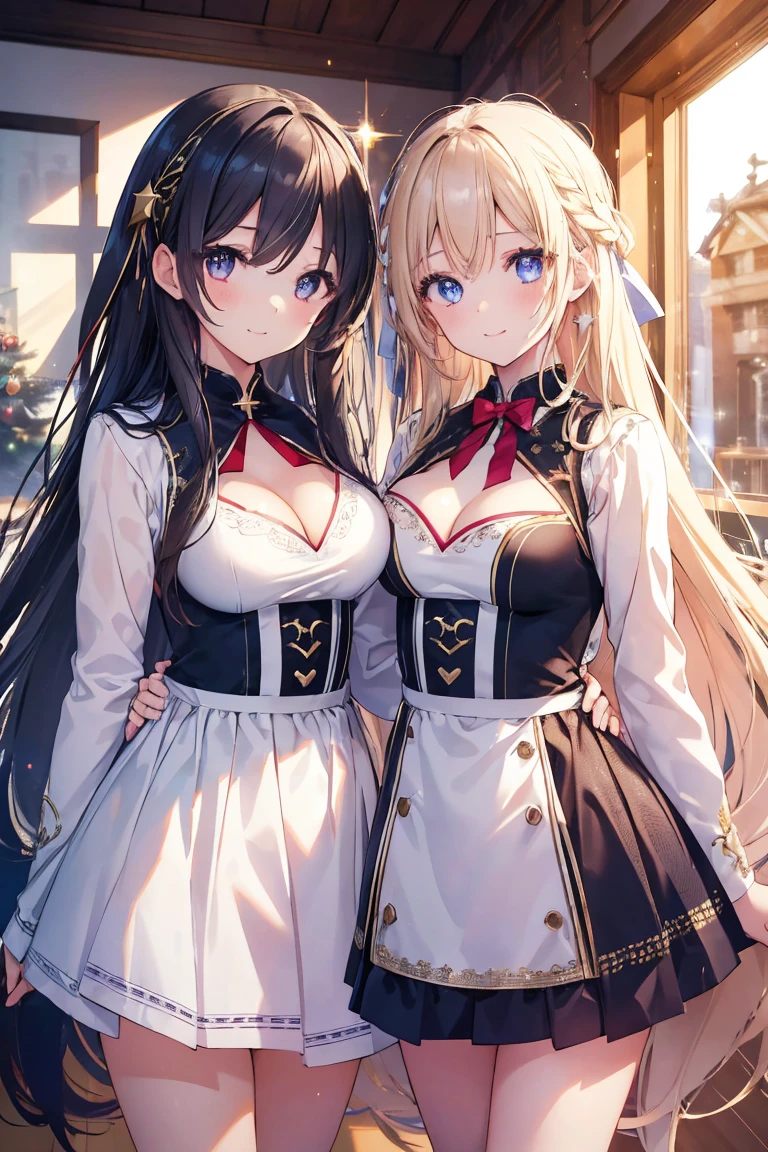 (Two Girls, Stylish long hair, color, Detailed eyes, Sparkling Eyes, The pupil is star-shaped, Heart Pupil, Girl student age), E Brest, Cleavage, Christmas at home, Cute lightweight clothes, smile, Mouth open, hot, Abusing lens flares, color収差, Attention to detail, anime, About Art, Depth of written boundary, Motion Blur, Shining Light, Film Grain, 超High resolution, retina, Accurate, masterpiece, Anatomically correct, Textured skin, Super Detail, Attention to details, high quality, Awards, 最high quality, High resolution, 16K
