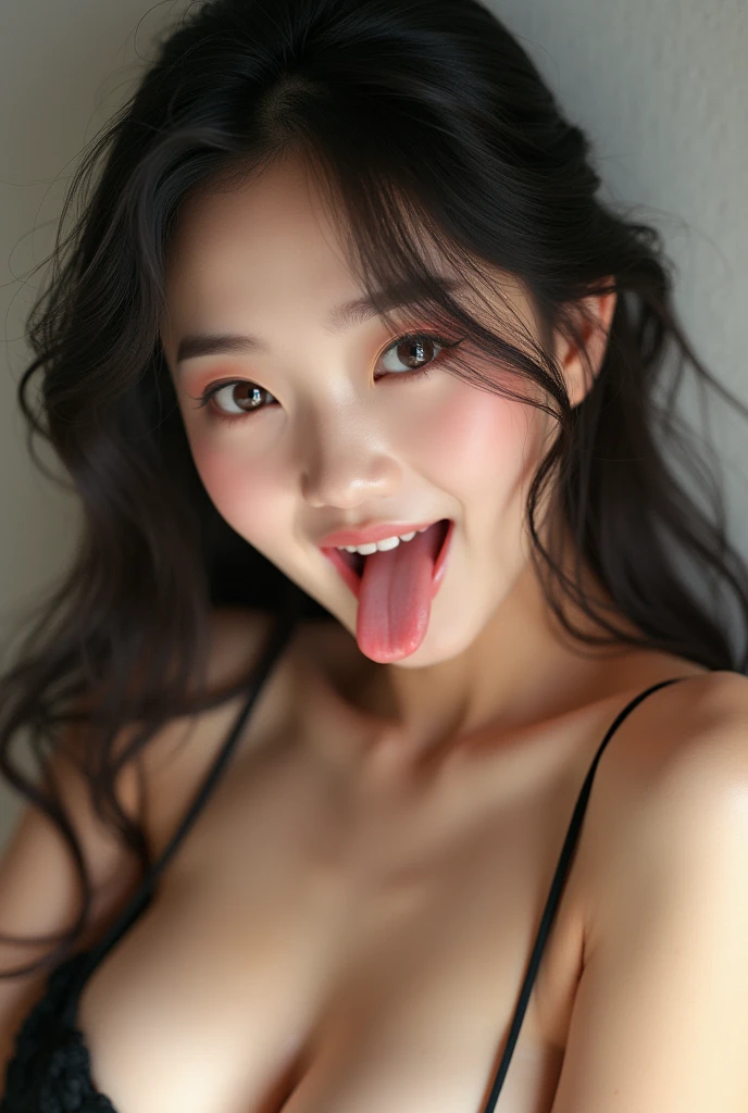 High quality, real, 1 woman, sexy, big breasts, beautiful woman, beautiful skin, swimsuit, underwear, beautiful, cute, Korean style, exposed, cheeks flushed light pink、The pupil is closer to the center、Mouth wide open and tongue sticking out
