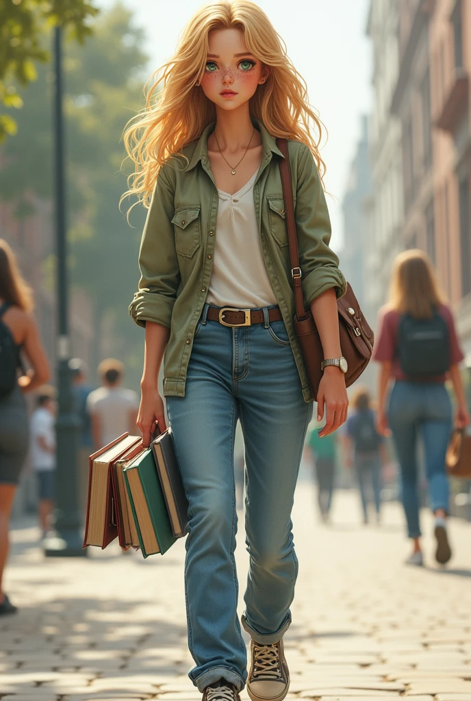 A girl apparently wearing jeans , sneakers dress shirt books in hand blonde face green eyes and red hair with freckles