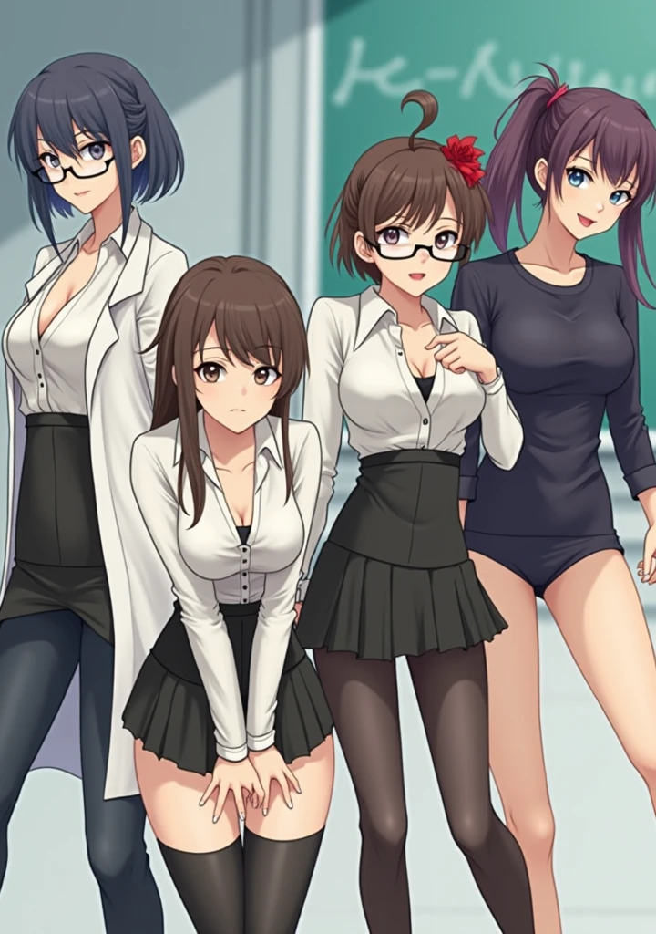 Four cute sexy adult teachers one with long brown hair with a braid another with short dark brown hair another with short white hair with a serious expression And finally a girl with long purple hair with two pigtails