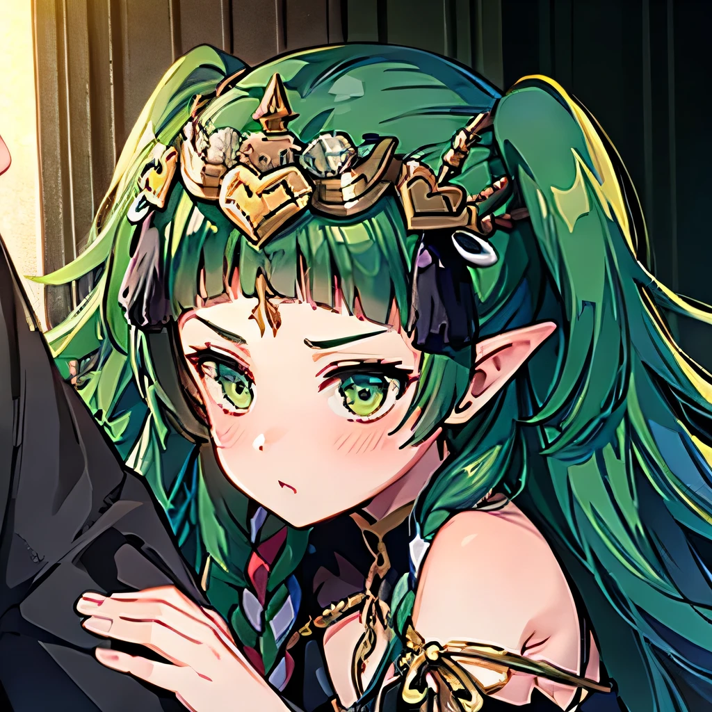 1 boy with black ondulated hair, Black jacket romantically kissing a girl with green hair and green eyes, pointy ears and smaller at a Church at night in the background., True love, blushing cheeks, high quality 