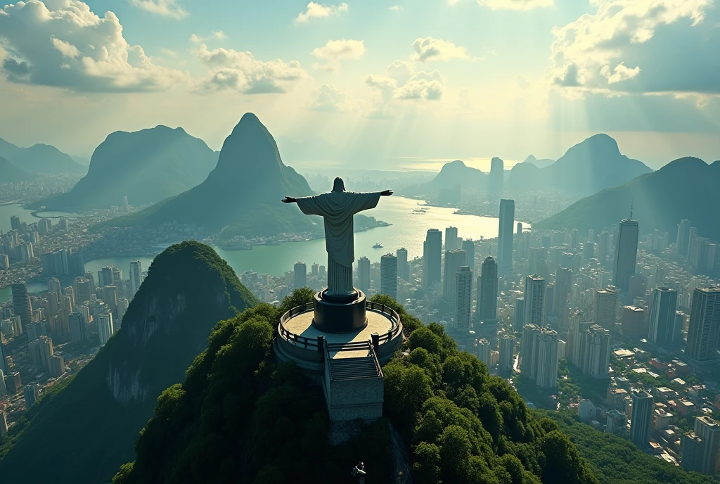 aerial view of the city of rio de janeiro, focused on the christ the redeemer, with beautiful tall buildings and gleaming skyscrapers, an aerial metropolis, cinematic lighting, dramatic clouds, 8k, high resolution, ultra-detailed, photorealistic, sharp focus, physically-based rendering, vibrant colors, aerial cityscape, stunning architecture, iconic landmarks, sunny day