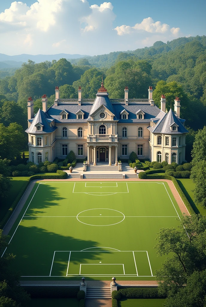 The house on the outside is a big house, in the back part of the house it has a soccer field, a semi-Olympic pool, inside the house it has 5 bedrooms, 6 bathrooms, 2 living rooms, a kitchen, and a dining room.