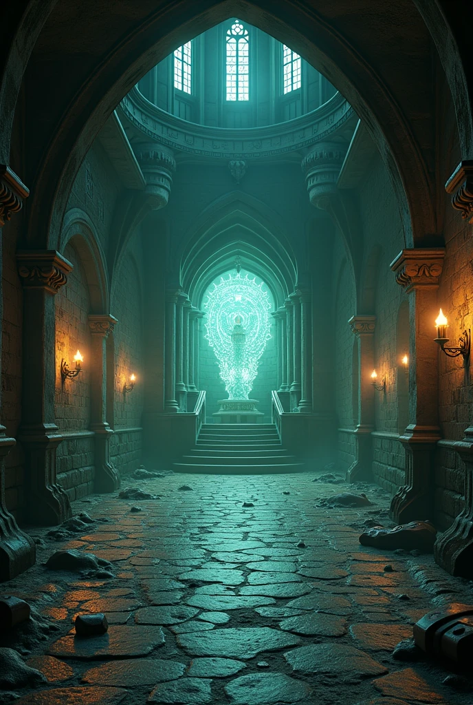 : A hidden chamber deep within Hogwarts, with walls covered in ancient, glowing runes. The room is filled with magical artifacts, some of which are cracked and pulsing with dark energy. In the center of the room, a large, menacing portal shimmers with an unnatural light, and dark shadows seem to swirl around it, hinting at a powerful, dangerous force waiting to be unleashed. 4k