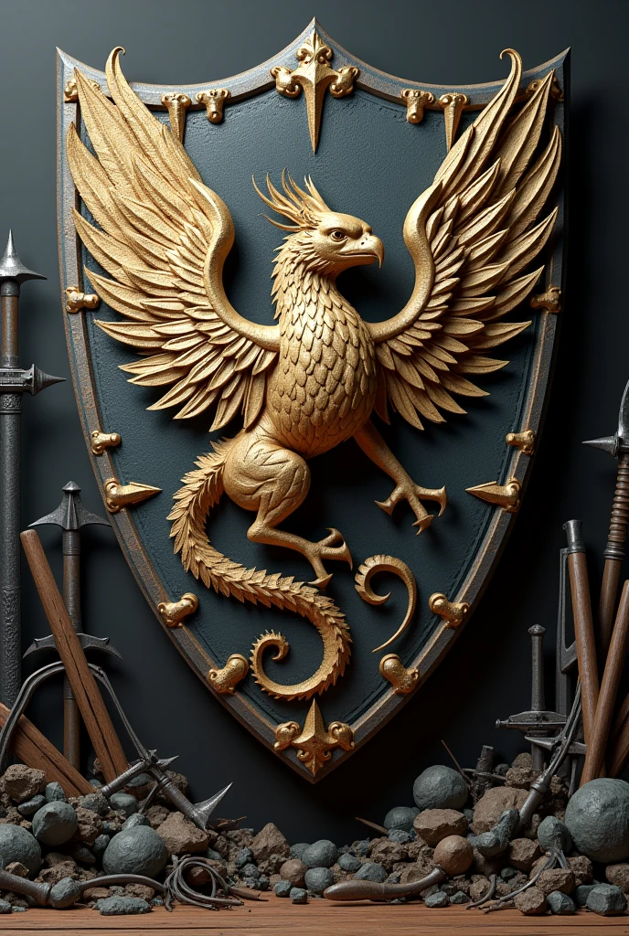 griffin carved in a war-shield, piled by a bunch of weapons of war, intricate detailed, inevitable colors, best quality, 8k