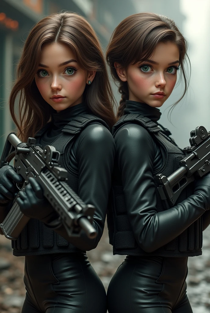 A young woman dressed in black and bulletproof vest with brown hair and green eyes holding a gun next to her brother in bulletproof vest with brown hair and green eyes holding a gun