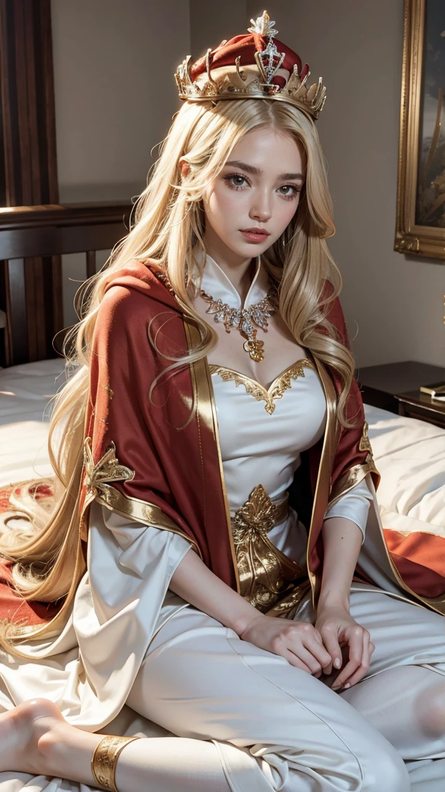 ((Fractal Art)), Grateful girl, Long blond hair, Wearing a white dress and a red cape, crown on her head, Sitting on the bed like a queen, She was kind, She has a gentle smile, whole body, high quality, Attention to detail, Art style, Respectful attitude is very detailed) CG Unity, 8k wallpaper, (Movie Angle), Perfect design.