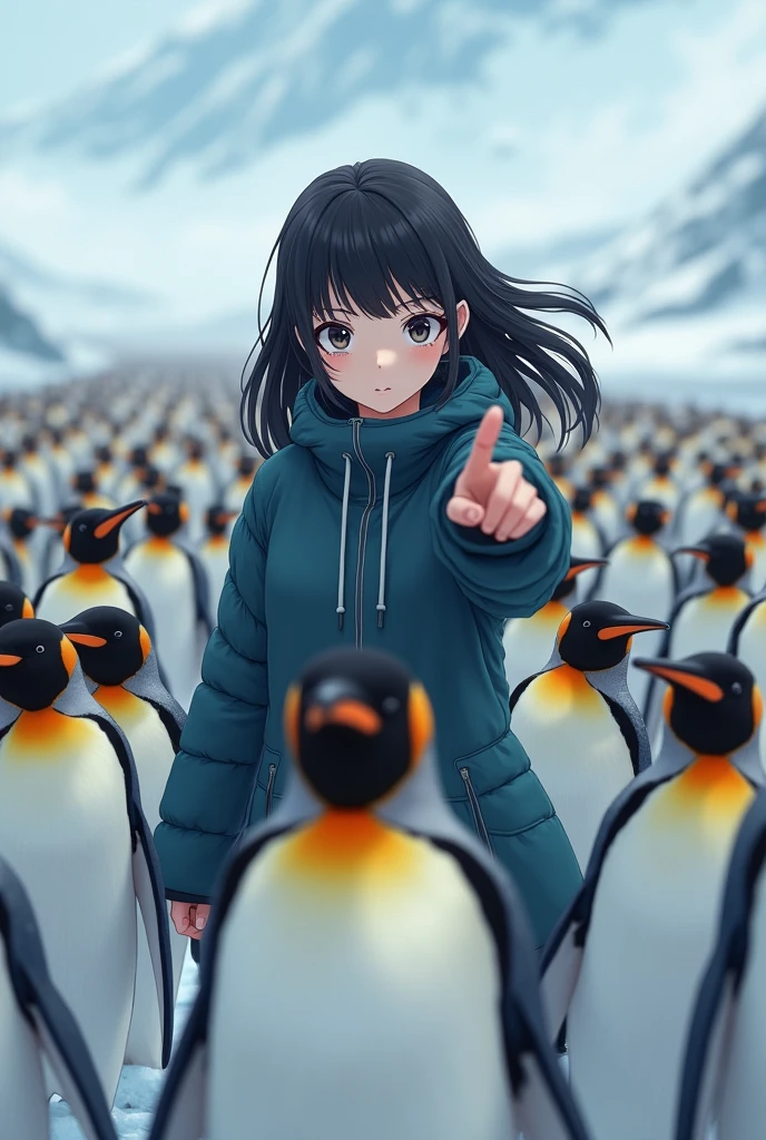 A high school girl marching with many penguins、Point to the reference direction、Black Hair、Shortcuts、Cold protection、Real、Bold composition、とてもRealな描写、photograph、Beautiful girl。