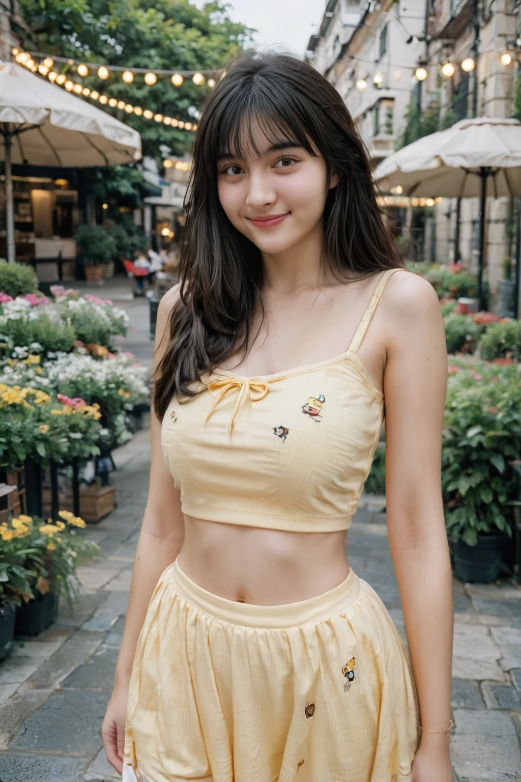 A high-resolution, wide angle shot, 4K portrait of a beautiful 20-year-old woman with a happy smile, detailed skin, and clear eyes. 
She has long, messy black hair with bangs and dark brown eyes with slight dark circles, looking at viewer. 
The image features natural, soft lighting with a low contrast and film grain effect. 
She has perfect shaped medium breast. 
She is dressed in Cartoon Character Crop Top and Skirt Set
Description: A yellow crop top with a cartoon character print and matching yellow mini skirt. The top is fitted with a scoop neckline, and the skirt is pleated for a playful, schoolgirl-inspired look.
Accessories: Pair with white knee-high socks, pink sneakers, character-themed hair clips, and a small backpack.
Sitting in An outdoor cafe with small tables and chairs set on a cobblestone patio, surrounded by potted plants and string lights overhead. The cafe has a cozy, relaxed atmosphere with umbrellas providing shade and a view of a busy street or a garden. 
The composition emphasizes ultra-detail, sharp focus, and vivid colors, with HDR and UHD quality, capturing a whimsical and dreamy aesthetic with a bokeh background. Looking at viewer