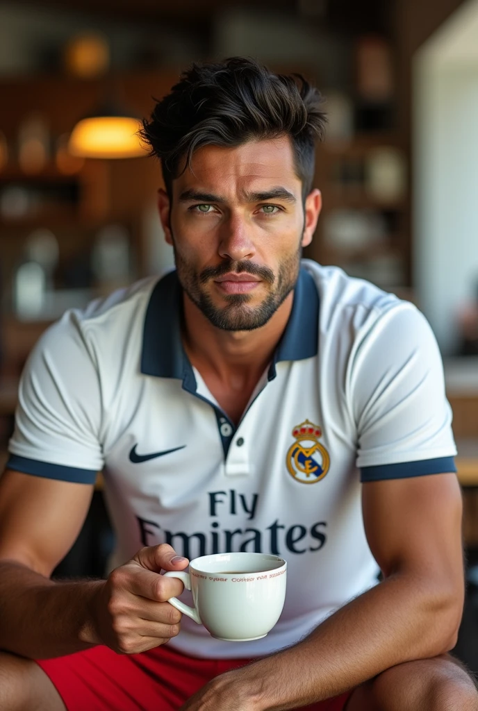 (photorealism:1.2), (8k) (detailed) (Whole body) Give me a man, facial features: square face with a pronounced jawline, prominent cheekbones and thick, dark eyebrows. Adds youth to your appearance. hair: hair oscuro, usually combed back or styled slightly tousled, which can vary between short and medium. eyes: eyes verdes oscuros, with a penetrating look that expresses confidence, with hoops on each side. Complexion: slim and well defined. height 1,80, which gives it an imposing presence. style: Your style of dress: Real Madrid polo shirt, red shorts. Skin tone: Skin tone bronceado, typical of the Mediterranean. Expression: He usually has a serious or concentrated expression., Although he can display a charming and confident smile. (Sitting having a coffee) (High resolution), (4k).