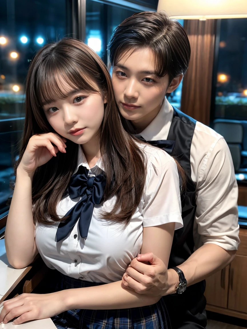 The handsome CEO and his beautiful girlfriend,Wearing a high school uniform、night、her romance with him in his luxurious office.
he gently and romantically runs his fingers through her hair., Large Breasts, Hug from behind.