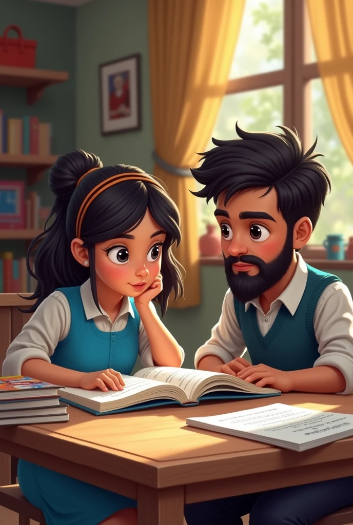 One boy and girl, sitting on a study table, girl have a blue dress and boy have a full beared, reading books related to one paper exam preparation, boy must be in full beared, mention PPSC preparation on a book in front of them