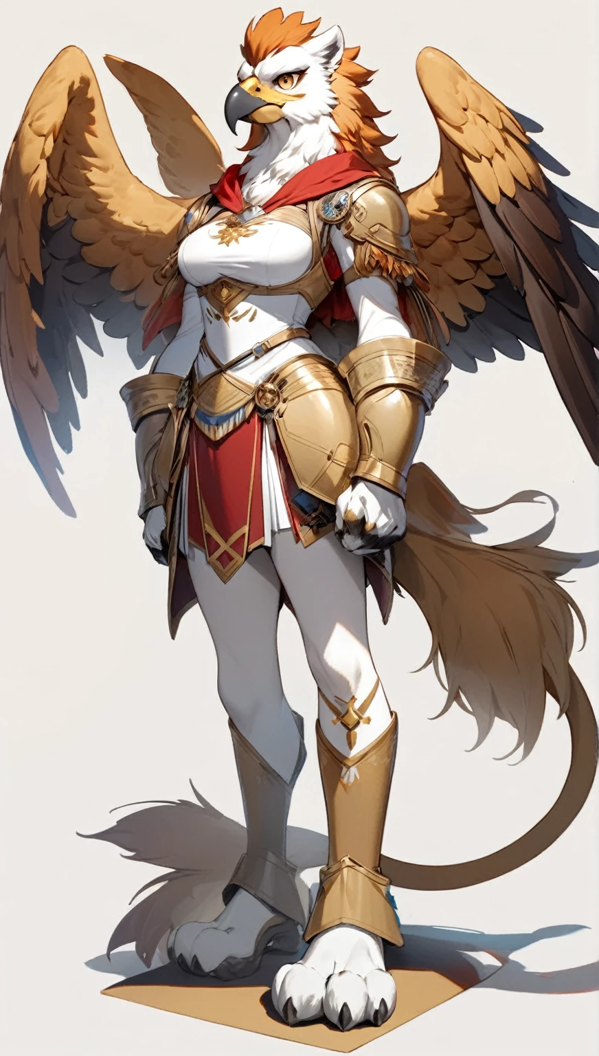 (masterpiece, best quality:1.2), 1 girl, solo, full body, (anthropomorphic Griffin, furry, kemono:1.4), head of an eagle, wings of an eagle, arms of an eagle, hands of an eagle with talons, chest of an eagle, ((the lower body of a lion, tail of a lion, legs of a lion)), simple background