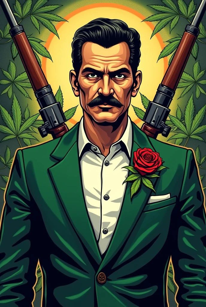 Holy in the Mexican style Jesus Malverde, holy mexican mafia, green suit, mustache and white button-down shirt, lord of marijuana and drug trafficking , print for shirt, vectorial , contrasting colours, no beard just mustache, shorth hair, red rose and weapons , cartel, marijuana leaf, intimidating man, 40 year old, rico
