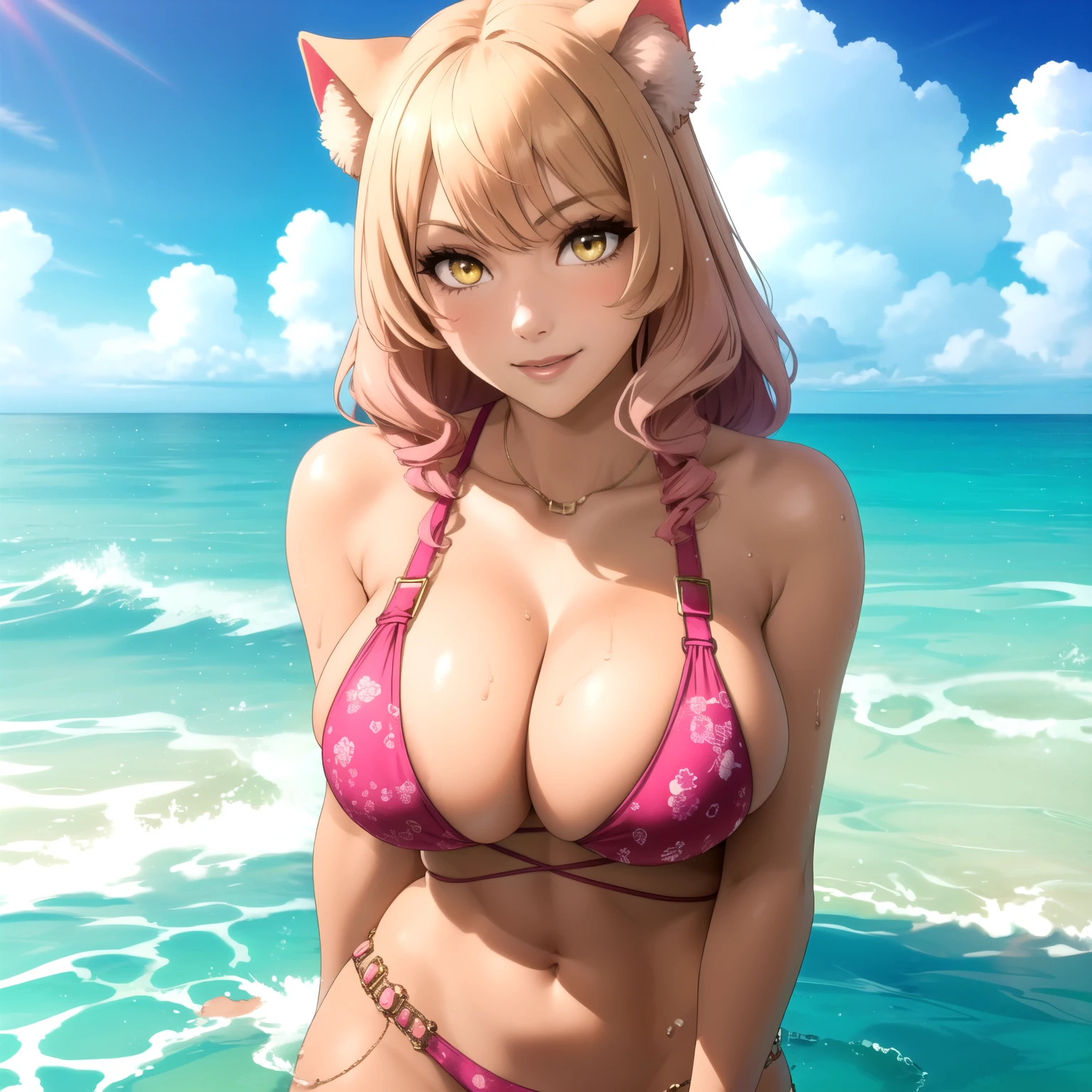 Raphtalia, Woman 27 años ,straight blonde hair with pink tips , yellow eyes ,  orejas de gato, Dark skin, tanned skin. king,Accessories, smile, background a white sand beach, Whole body. perfect hands. drops of water on his chest, arms behind the back, sticking out chest, white sand beach, white sand. huge breasts. giant breasts, showing off her breasts.