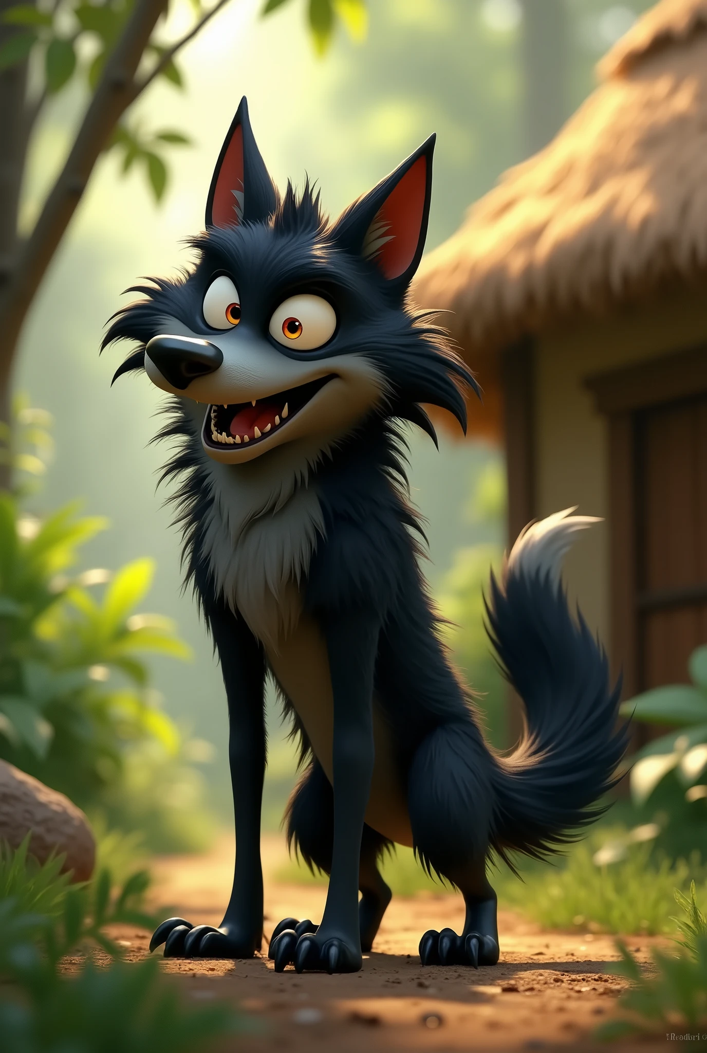 pixar style, sideview of a 3D cute but revengeful mischief black furry wolf with grey snout and belly, with realistic black fur, 3D illustration, laughing, looking at the wooden door of a straw house, (1male wolf:1.2), (sinister and mischief expression:1.5), dark behaviour, lean build, (disproportionate body long nose and mouth), (realistic fur texture), (jungle background:1.4), sunlight filtering through the trees, (soft lighting:1.3), (green and earthy color scheme:1.3), (highly detailed), (ultra quality:1.3), (masterpiece), (digital art), 8K resolution, HDR, depth of field, (soft shadows), (photorealistic:1.3), (animation:1.2), (by Greg Rutkowski:0.9), (in the style of Alphonse Mucha), trending on ArtStation, award-winning art