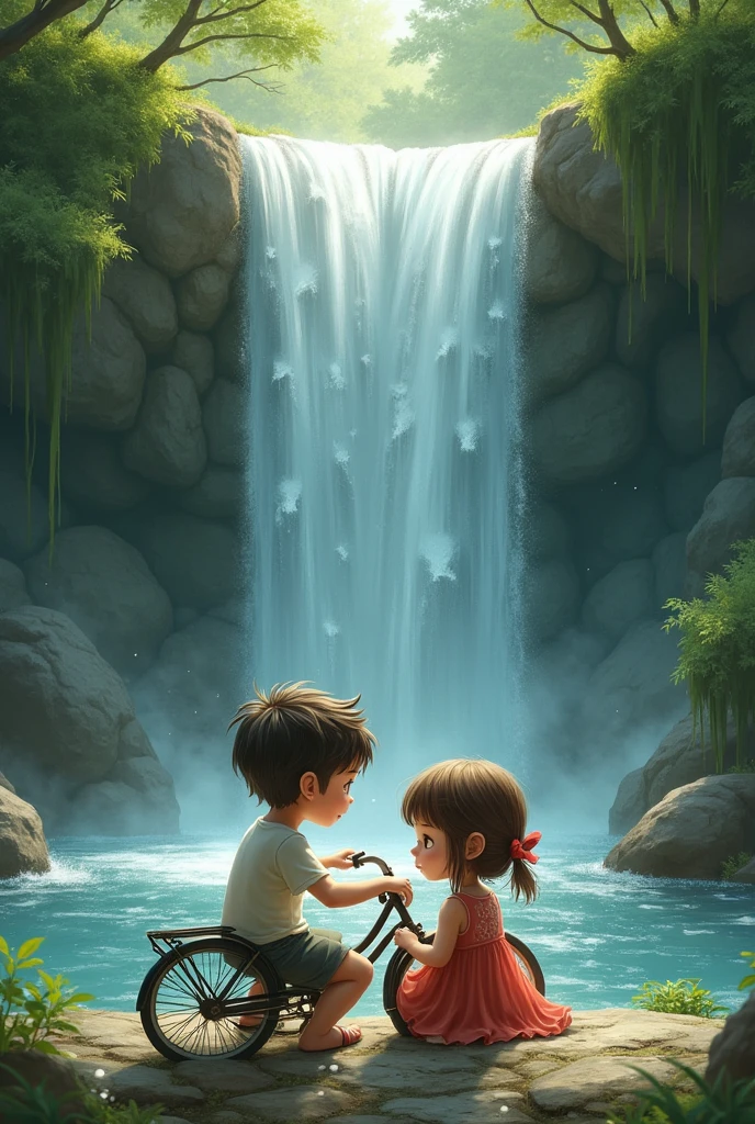 Boy and girl sitting under the bike under the waterfall