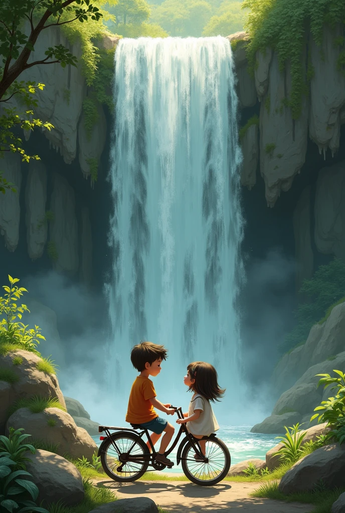 Boy and girl sitting under the bike under the waterfall