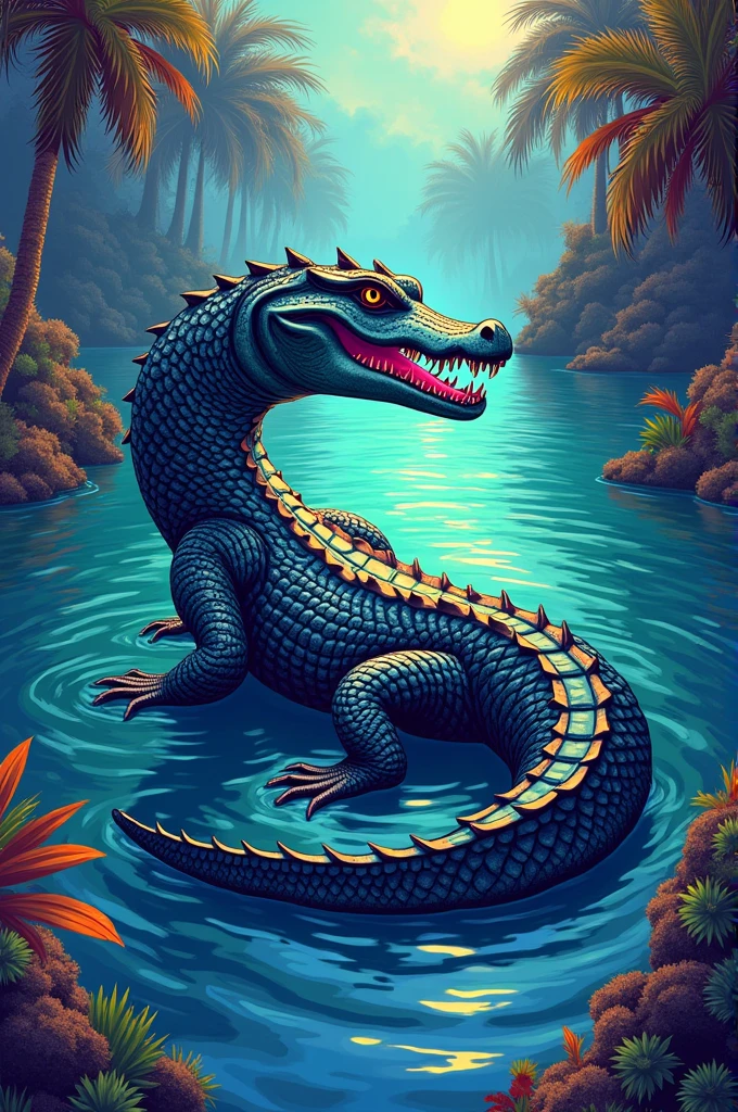 Create illustrations of an alligator in the Nile River, partially covered by water and its body is sinuous, giving the impression of movement. the style needs to be psychedelic and reminiscent of the cover art of the band hey violet