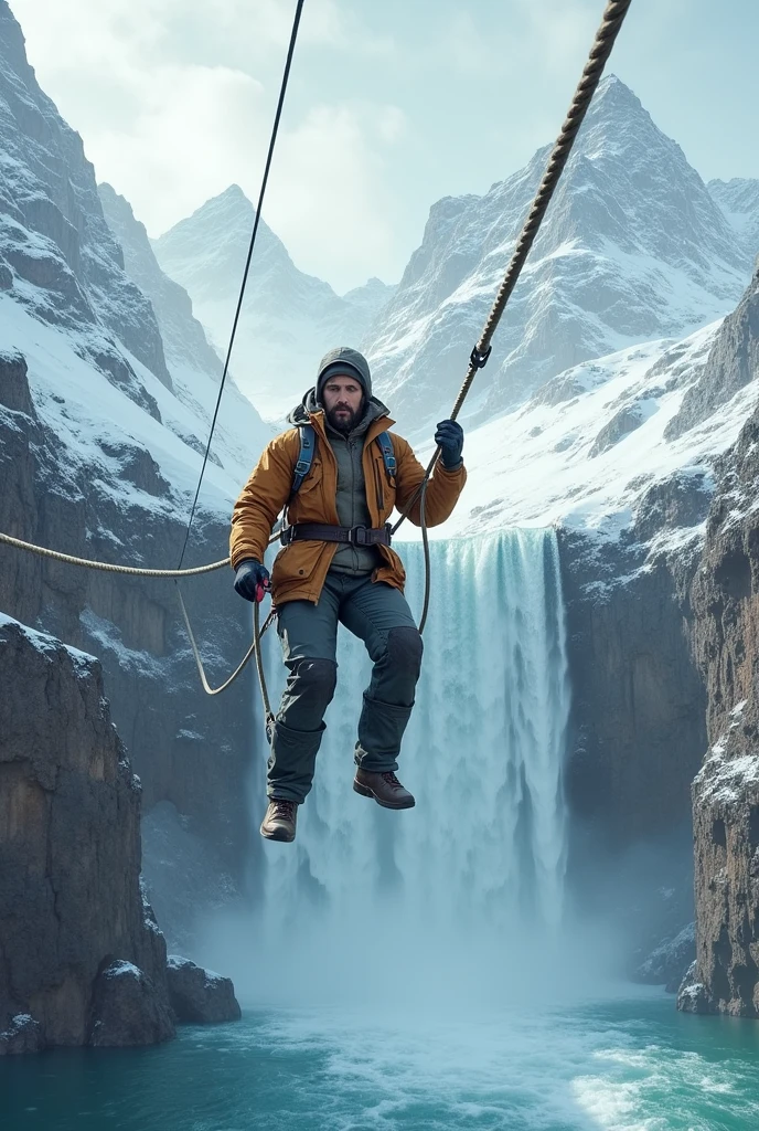 A man crossing the waterfalls with a zip line in the middle of the snowfall