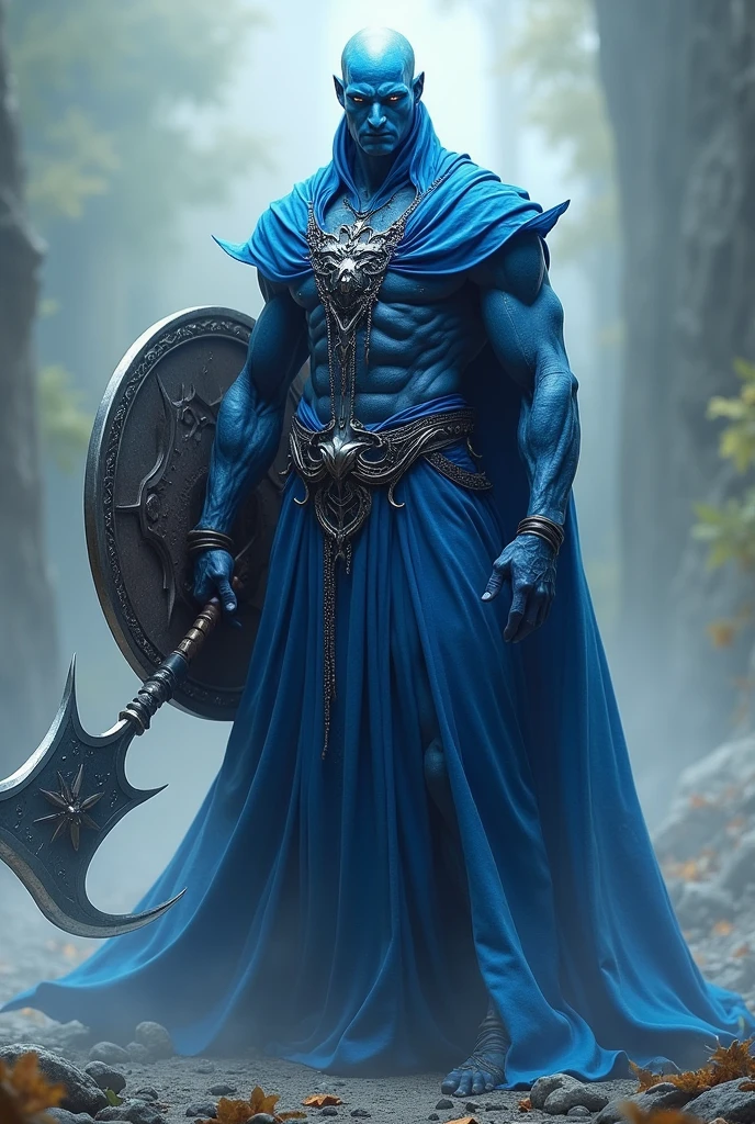 Blue skinned, bald man, tall and skinny, blue robes, chain shirt, holding a shield and mace