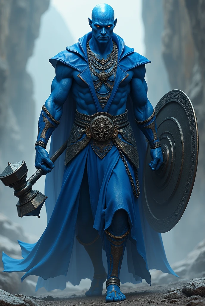 Blue skinned, bald man, tall and skinny, blue robes, chain shirt, holding a shield and mace