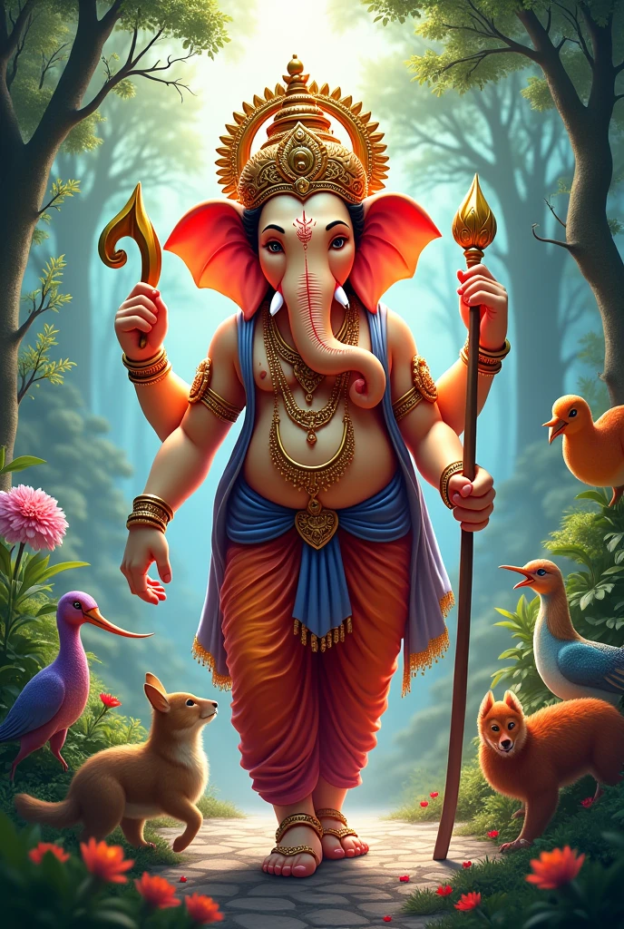 All gods highlights ganapathi image vivid colors walking umbrella animals and bright and walking ganesh animals and birds