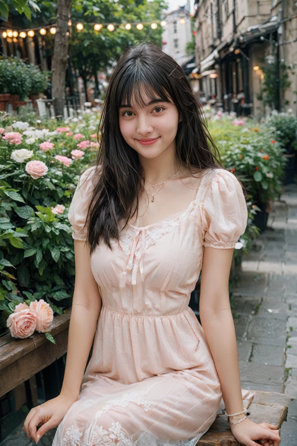 A high-resolution, wide angle shot, 4K portrait of a beautiful 20-year-old woman with a happy smile, detailed skin, and clear eyes. 
She has long, messy black hair with bangs and dark brown eyes with slight dark circles, looking at viewer. 
The image features natural, soft lighting with a low contrast and film grain effect. 
She has perfect shaped medium breast. 
She is dressed inLight Pink Baby Doll Dress
Description: A light pink baby doll dress with a high empire waist and puff sleeves. The dress is short and flowy, giving a youthful, playful appearance. The sheer fabric and lace trim add a touch of sexiness.
Accessories: Style with white thigh-high socks, black Mary Jane heels, a white lace choker, and a pink hair ribbon.
Sitting in An outdoor cafe with small tables and chairs set on a cobblestone patio, surrounded by potted plants and string lights overhead. The cafe has a cozy, relaxed atmosphere with umbrellas providing shade and a view of a busy street or a garden. 
The composition emphasizes ultra-detail, sharp focus, and vivid colors, with HDR and UHD quality, capturing a whimsical and dreamy aesthetic with a bokeh background. Looking at viewer