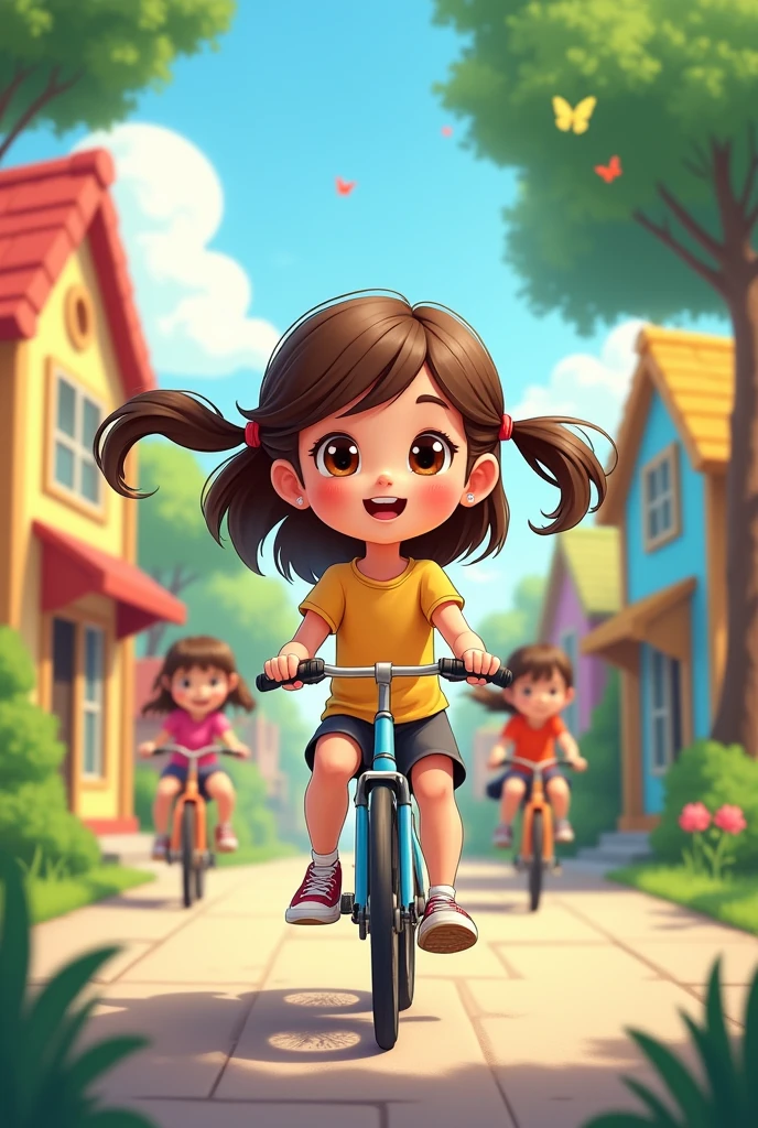 A cartoon brunette girl riding a bike with her friends and happy
