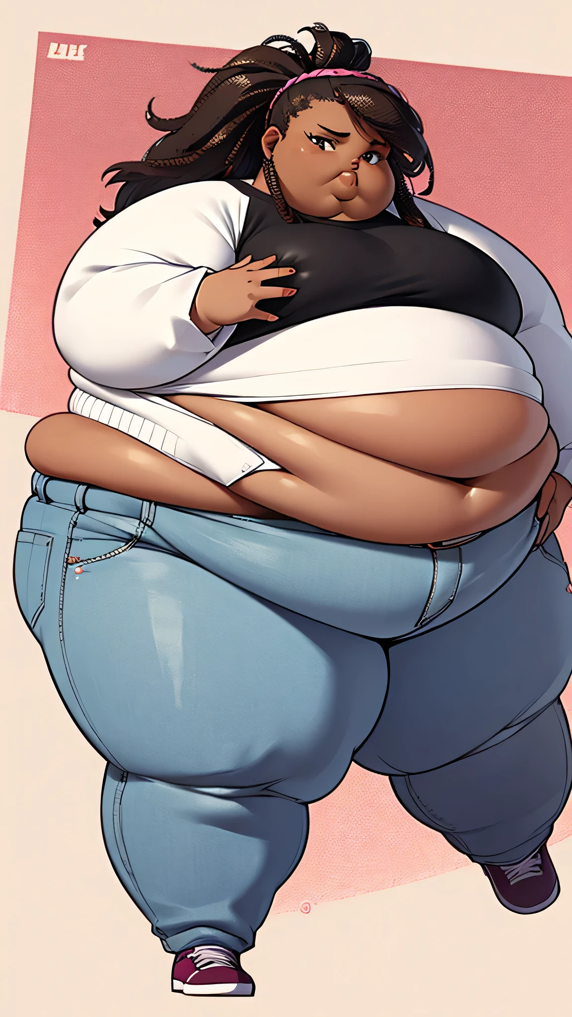 Extremely obese African-American woman, belly hanging, ((extremely obese)), massive breasts, belly sagging, wearing a pink crop top with long sleeves and loose jeans that slightly goes over her belly, (dark brown skin 2), fat blob, fat arms, fat face, fat limbs