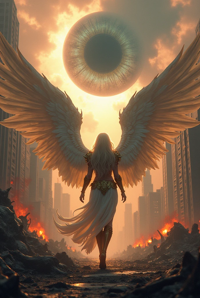 Apocalypse, destroyed City, rain, red clouds, fires, skeletons, space monsters, huge eye looking from the sky, heavenly demons, nostalgic atmosphere, 1 female angel with giant wings, very long hair, with armor of gold and silver, looking to the horizon, standing posing on his back, in background