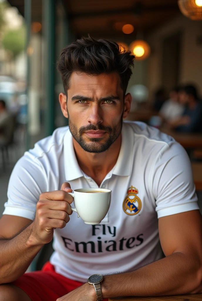 (photorealism:1.2), (8k) (detailed) (Whole body) Give me a man, facial features: square face with a pronounced jawline, prominent cheekbones and thick, dark eyebrows. Adds youth to your appearance. hair: hair oscuro, usually combed back or styled slightly tousled, which can vary between short and medium. eyes: eyes verdes oscuros, with a penetrating look that expresses confidence, with hoops on each side. Complexion: slim and well defined. height 1,80, which gives it an imposing presence. style: Your style of dress: Real Madrid polo shirt, red shorts. Skin tone: Skin tone bronceado, typical of the Mediterranean. Expression: He usually has a serious or concentrated expression., Although he can display a charming and confident smile. (Sitting having a coffee) (High resolution), (4k).