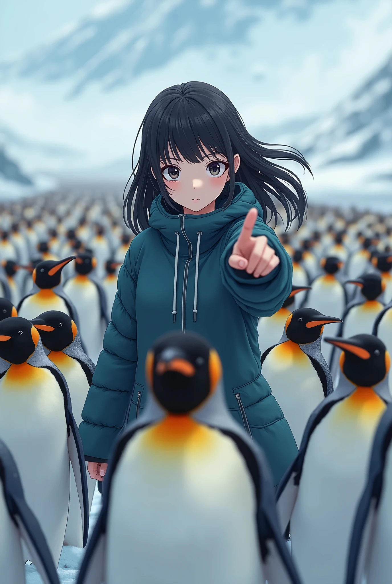 A high school girl marching with many penguins、Point to the reference direction、Black Hair、Shortcuts、Cold protection、Real、Bold composition、とてもRealな描写、photograph、Beautiful girl。