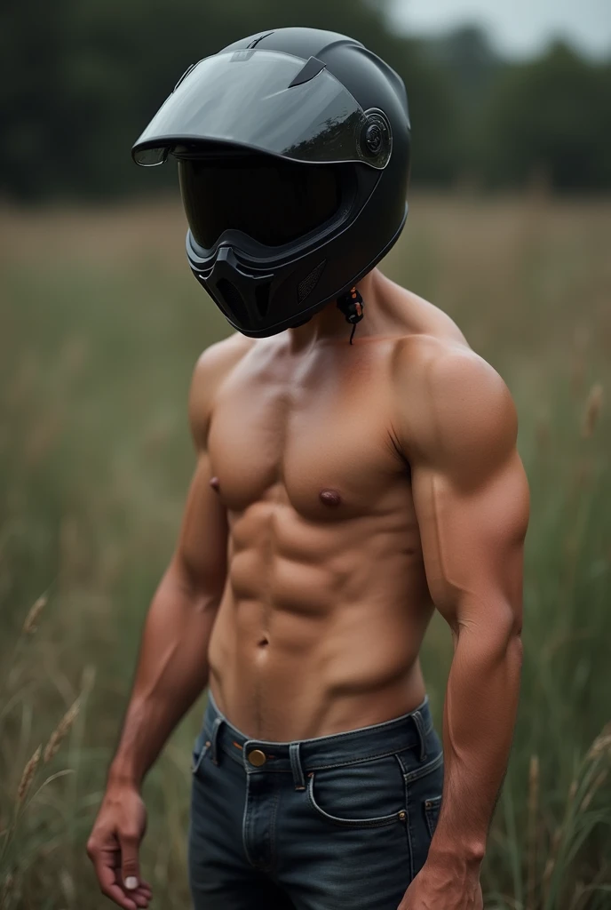 A muscular man with a motorcycle helmet completely naked showing his 24cm penis