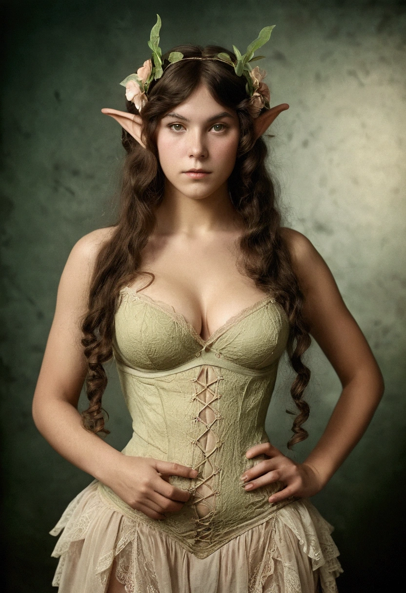 1910s analog film photograph, colorized photo of an elven maiden, 18-years-old, amazonian stature, athletic hourglass figure, busty breasts, narrow waist, full wide hips, big round buttocks, wearing a lacey bralette and frilly bloomers, warm almond complexion, pointy elf ears, dark hair, long messy curls, posing in a vintage photography studio, RAW Photograph, dslr, soft lighting, high quality, film grain, Fujifilm XT3, detailed skin with visible pores, insane details, masterpiece, 8k, faded film, desaturated, grainy, vintage, Lomography, stained, highly detailed, found footage, long elven ears