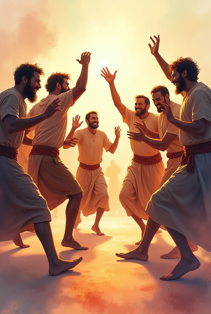 Create a watercolor image where 7 men are dancing while another plays the shofar