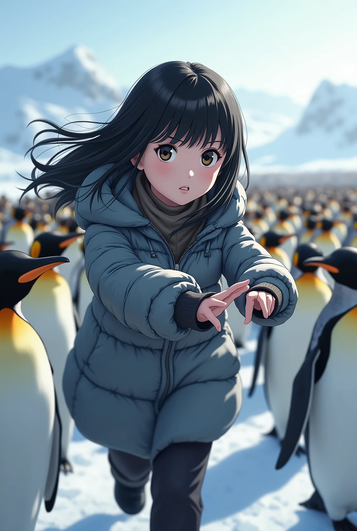 A high school girl marching with many penguins、Point to the reference direction、Black Hair、Shortcuts、Cold protection、Real、Bold composition、とてもRealな描写、photograph、Beautiful girl。
