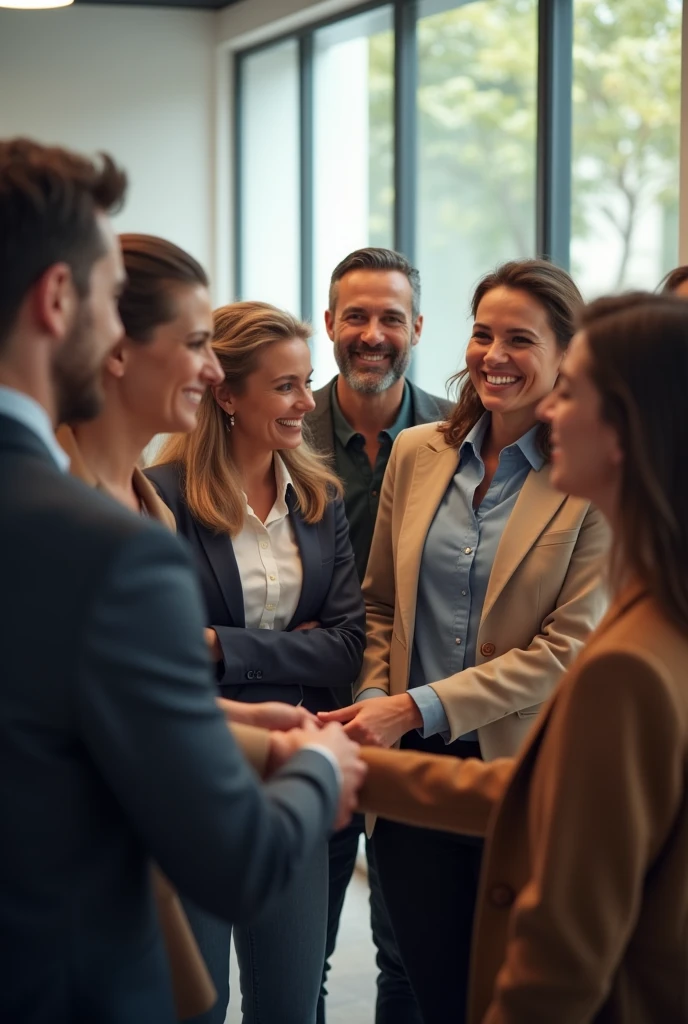 Create an image of a group of people waving goodbye to a person who is leaving, with smiles on each person's face, wishing them success in their next career path.