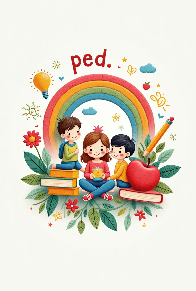 A logo with a drawing meaningful to education and pastel colors: rainbow examples, apple, pencil, children, cubes etc and that includes this “Ped. Preesco And the Spanish language is to embroider on a shirt, but don&#39;t make the shirt. And I like that rainbow, not so overloaded. 