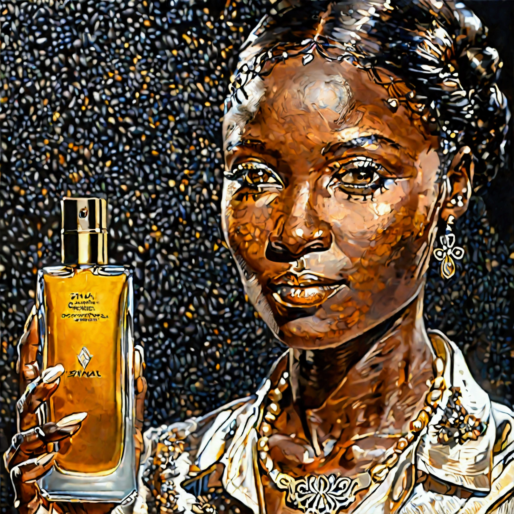 Para lograr una imagen que se vea lo más natural y realista posible, emulando una foto de estudio profesional sin la apariencia generada por inteligencia artificial, aquí tienes un nuevo prompt enfocado en ese estilo:
---
**Prompt**: "A hyperrealistic portrait of a beautiful ebony-skinned woman in a professional studio setting, holding a perfume bottle. The lighting is soft and natural, with balanced shadows to enhance her natural beauty. The woman's hair is styled naturally, and she wears minimal makeup, emphasizing her authentic and unretouched features. The perfume bottle has an elegant design, with delicate reflections on its surface. The background is simple and slightly blurred, focusing attention on the subject. The image should have lifelike details and vivid colors, creating a photorealistic effect that makes it indistinguishable from a real photograph, with no visible signs of artificial generation. The overall atmosphere should be warm and inviting, with a high level of detail in the skin texture, jewelry, and product design."
---
¿Te gustaría que intente generar esta imagen?