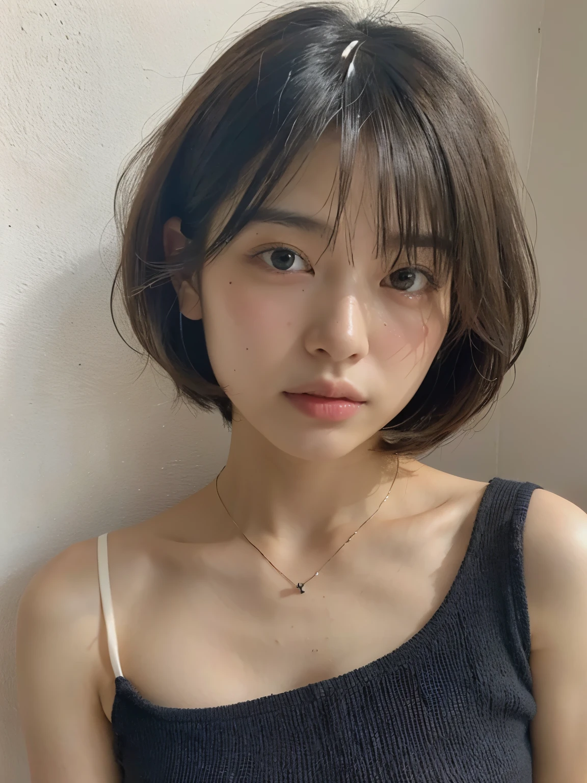 see-through tops、beige long sleeve dress、(背景にwhite wall、Part of the hair is light gray:1.4)、white wall、Taken in front of the white door、(窓のあるwhite wallの部屋)、((highest quality、8K、masterpiece:1.3))、ultra high resolution、(photogenuineistic:1.4)、RAW photo、Japanese,(face)、genuine、Photographed in natural light、Highly detailed face and skin texture、highly detailed lips、correct state of the human body、bob cut、bob hair、short hair、black hair、various poses、natural color lip
