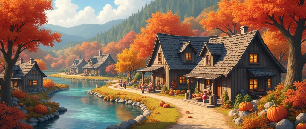 Fall Pumpkin Autumn Aesthetic,Halloween,Cute Village,Town Rustic,Cozy Anime, landscape ,Rustic Orange Maple Leaf Cute Village,Scenery, river