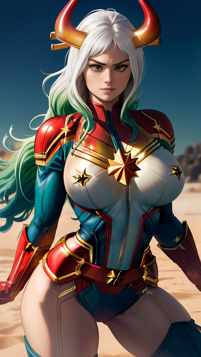 Foto de corpo inteiro, Yamato version of Captain marvel, (best qualityer:1.3), sultry posing, captain marvel, (demon girl), very huge breasts, seductiv, sexly, white hair with light green tips, horn with red tips