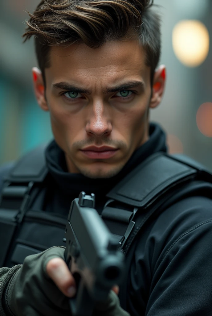 Young man with brown hair and green eyes wearing a black bulletproof vest and holding a gun