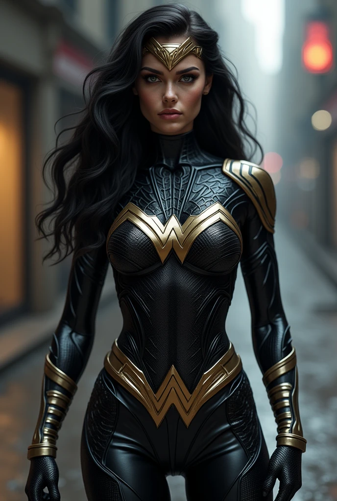 (((Simbionte Spiderman))),(((A beautiful woman with long black hair under the mantle of the Kryptonian Kara Zor-El))),(((Wonder Woman emblem on her chest))),(((corset negro))),(((Long black boots up to her knees))),(((With Symbiote skin running all over his skin))) Black metal bracelets))),(((Simbionte Spiderman))),(((Wonder Woman emblem on her chest)))