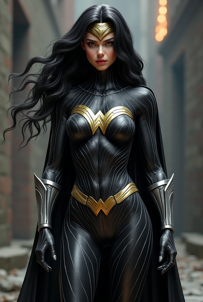 (((Simbionte Spiderman))),(((A beautiful woman with long black hair under the mantle of the Kryptonian Kara Zor-El))),(((Wonder Woman emblem on her chest))),(((corset negro))),(((Long black boots up to her knees))),(((With Symbiote skin running all over his skin))) Black metal bracelets))),(((Simbionte Spiderman))),(((Wonder Woman emblem on her chest)))