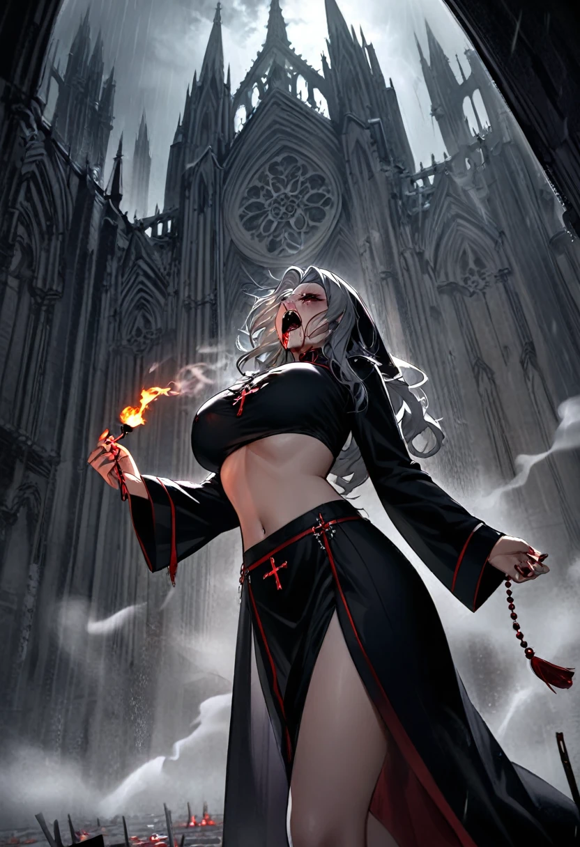 (Woman: 2), standing outside massive gothic cathedral, raining, dark stormy night, wearing ornate male catholic priest robes, robes open, loose crop top, under boob, holding rosary, rosary burning her hand, smoke coming off hand, mouth open in a painful scream, vampire fangs, look of pain and regret on face, cross burns skin, skin smoking, crying blood,