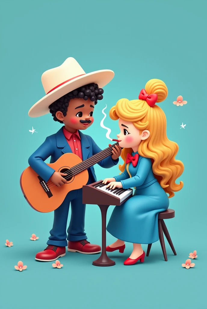 casal formato hello kitty,the man with short curly hair, white cowboy style hat, pele chocolate, with a mustache, blue suit, red dress shirt, calça azul Red Shoe, with a guitar,the woman with light beige skin,blonde hair with long topknot, blue long sleeve dress , with red bow at the neck, Red Shoe,playing piano ,WITH A CIGARETTE ,blue background